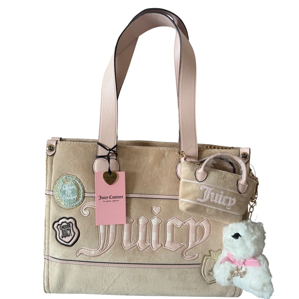 Juicy Couture Cream Embroidered Patches Logo Mini Bag Charm Bag Tote NWT